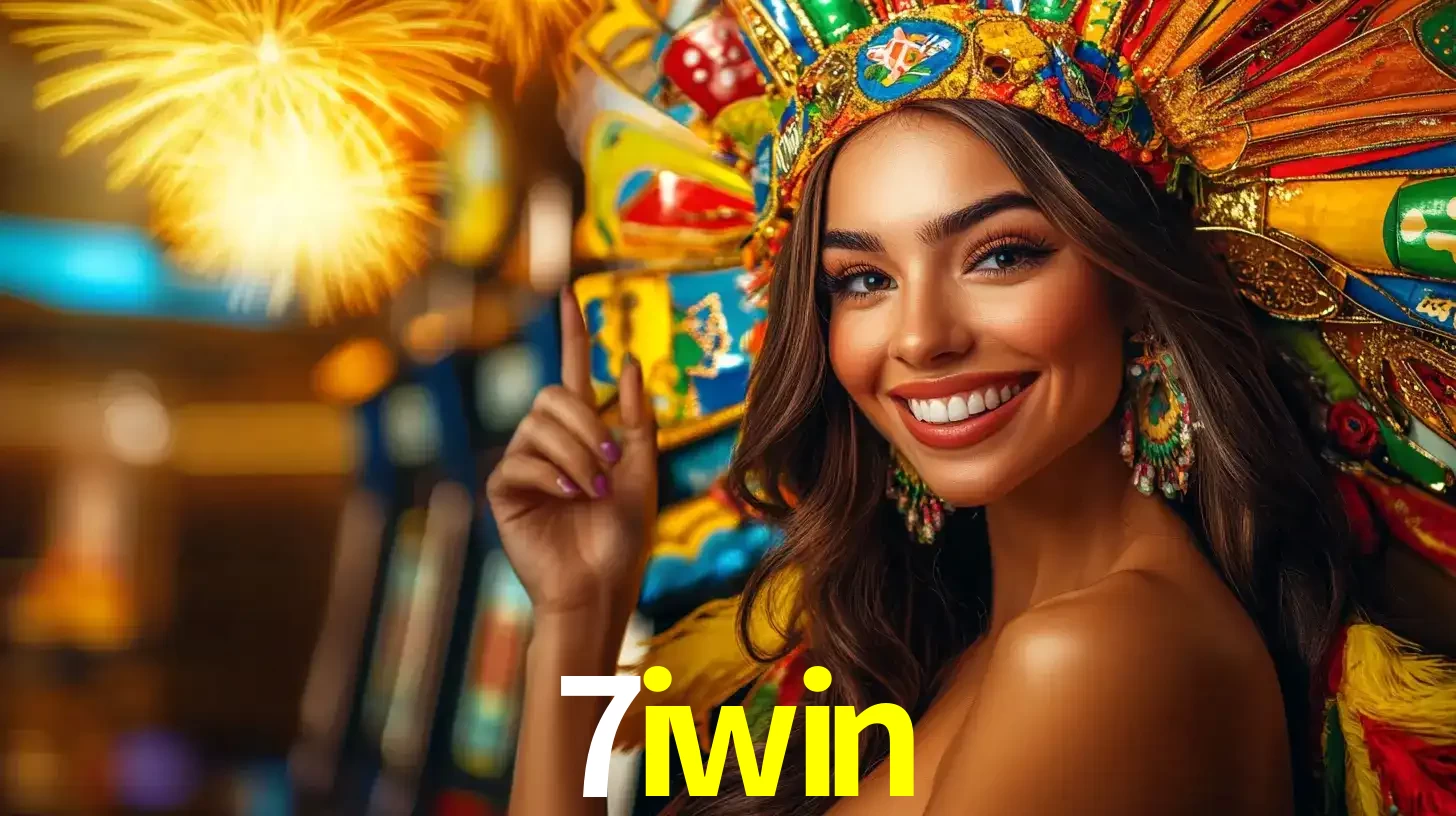 Mulher sorridente com um cocar de carnaval vibrante e colorido, celebrando uma grande vitória nos jogos do cassino 7iwin com fogos de artifício ao fundo.