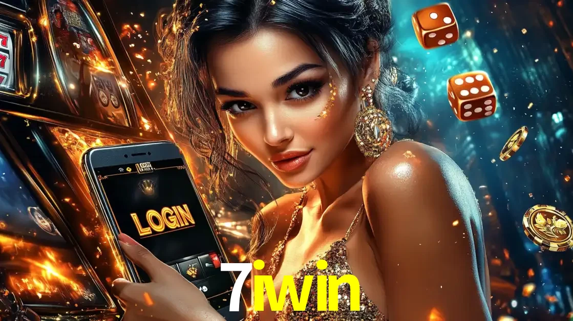 Mulher glamourosa segurando um celular com a tela de login do cassino 7iwin, rodeada por dados e moedas douradas, pronta para começar a diversão.