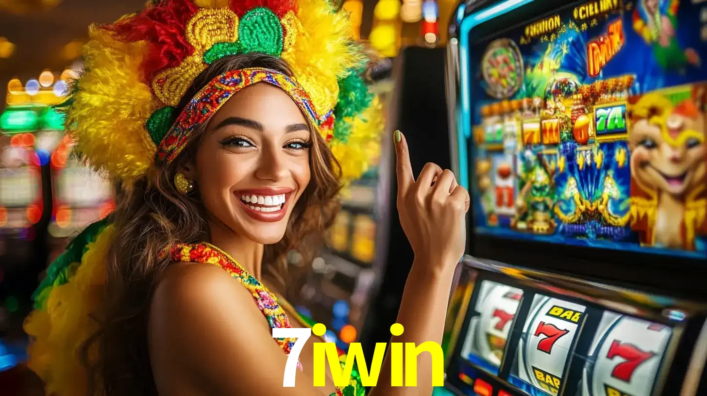 Mulher animada com um cocar de carnaval apontando para uma máquina de caça-níqueis, mostrando a emoção de ganhar um grande prêmio nos jogos do 7iwin.