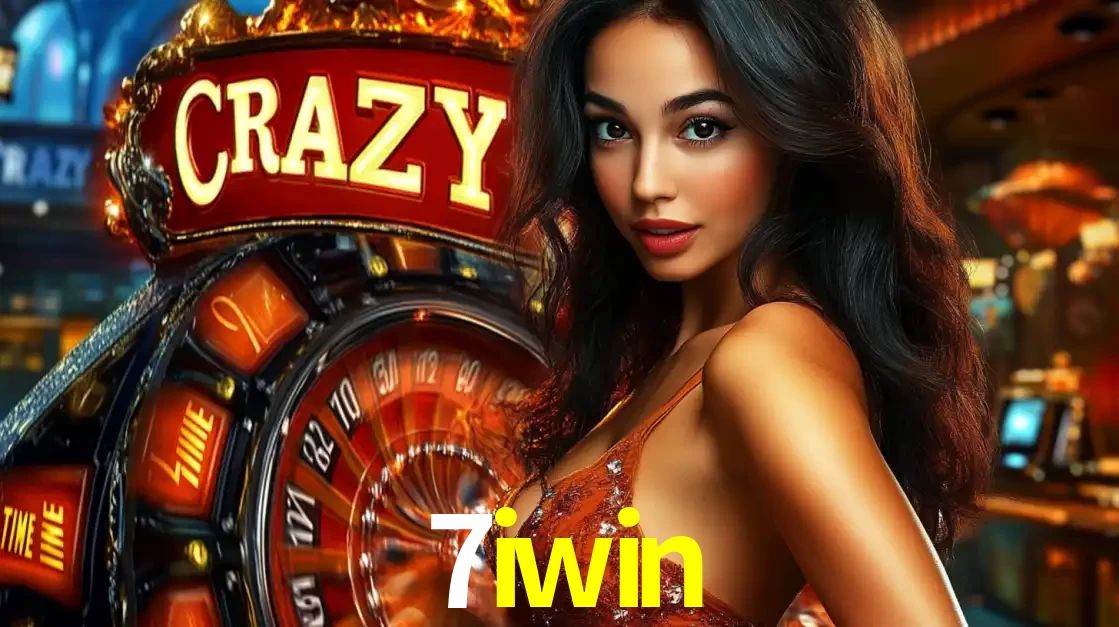 Mulher glamourosa olhando para a câmera com a roda vermelha do Crazy Time ao fundo em um ambiente de cassino, destacando a emoção dos jogos ao vivo no 7iwin.