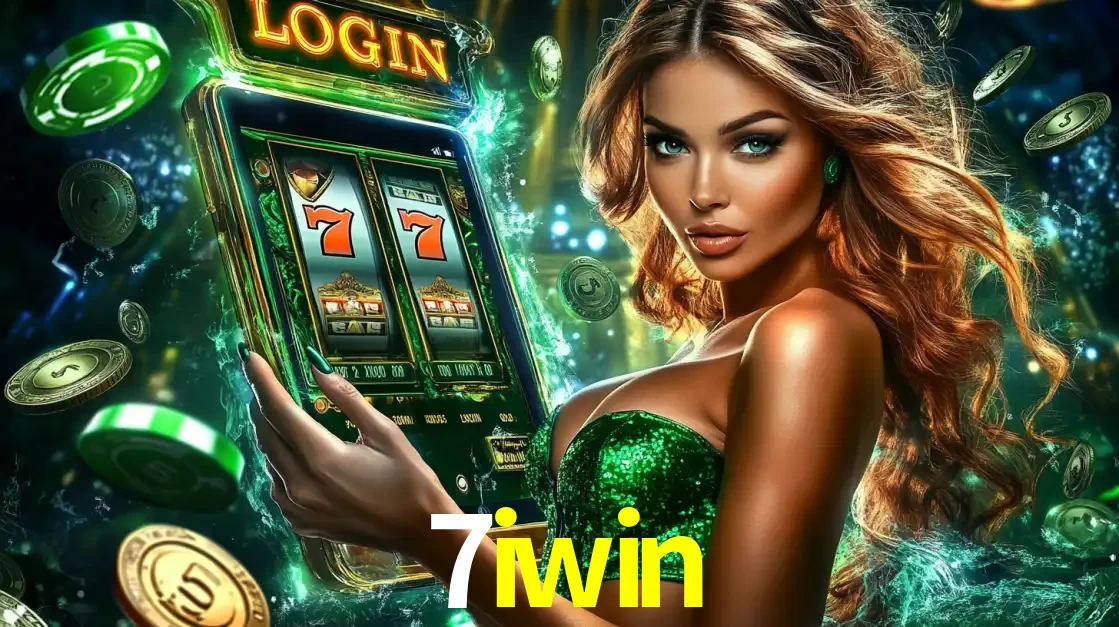 Mulher com tema verde apresentando o aplicativo do cassino 7iwin com um jogo de slot de 777, cercada por fichas de cassino e uma aura de sorte.