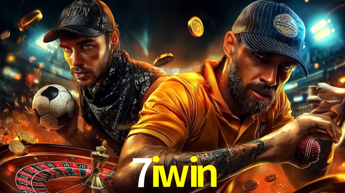 Montagem de apostas esportivas e cassino no 7iwin, com um homem segurando uma bola de futebol e outro uma de beisebol sobre uma roleta e moedas voadoras.