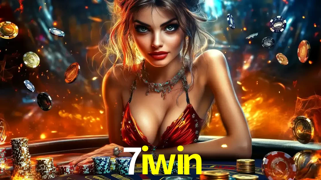 Mulher em uma mesa de cassino com pilhas de fichas e um fundo de fogo, pronta para uma rodada de altas apostas nos jogos de mesa emocionantes do cassino 7iwin.