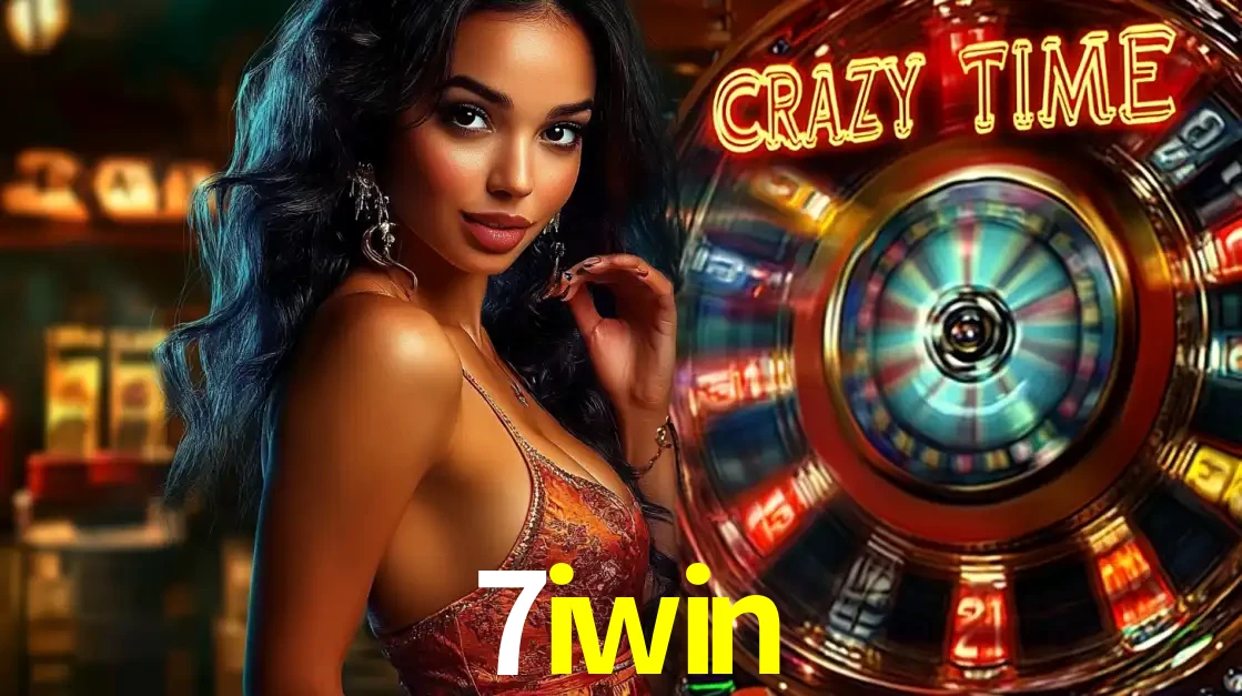 Mulher elegante ao lado da vibrante roda da fortuna do jogo de cassino ao vivo Crazy Time, um dos game shows mais populares e cheios de prêmios do 7iwin.