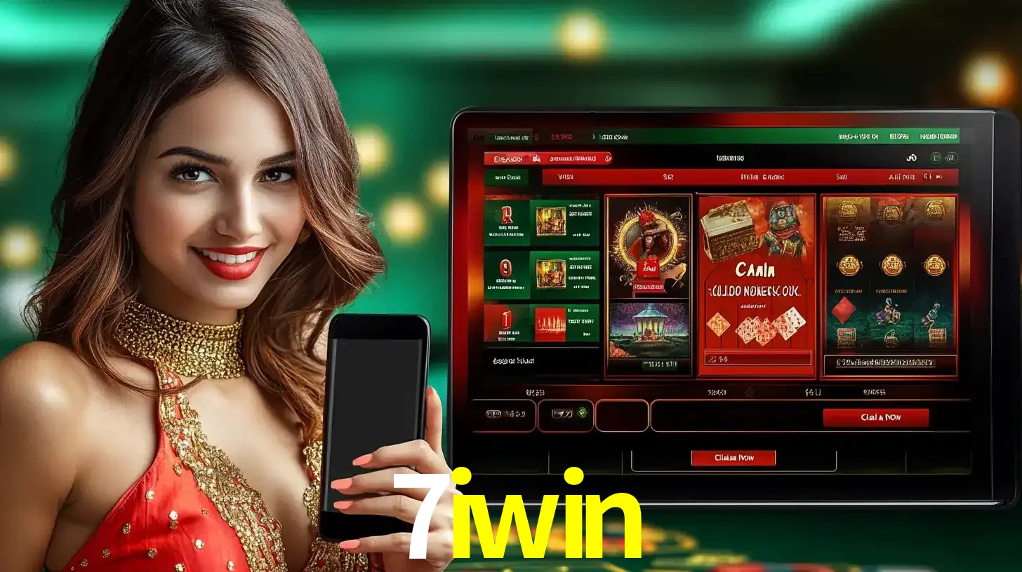 Mulher sorridente segurando um smartphone, ao lado de uma tela exibindo o lobby de jogos do cassino online 7iwin, com várias opções de jogos de cartas e slots.